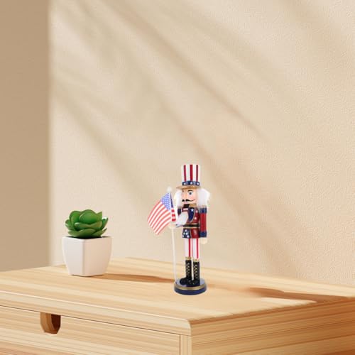 Patriotic Nutcracker Figurines Wooden Soldier Statue with Cane for Independence Day Decoration C859373