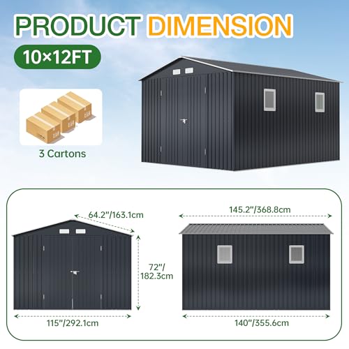 Outdoor Storage Shed 10 x 12 ft Metal Garden Utility with Lockable Doors U582216
