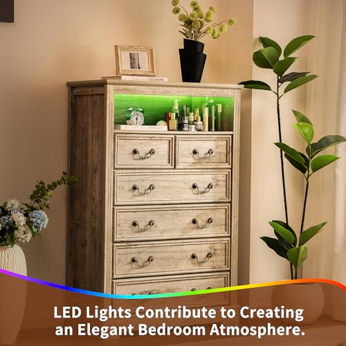 6-Drawer Dresser with Charging Station and LED Light, Vintage Gray R907
