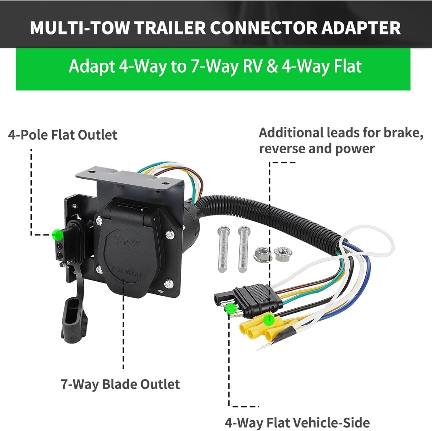 4-Way Flat to 7-Way RV Blade Trailer Wiring Adapter with Mounting Bracket J6048