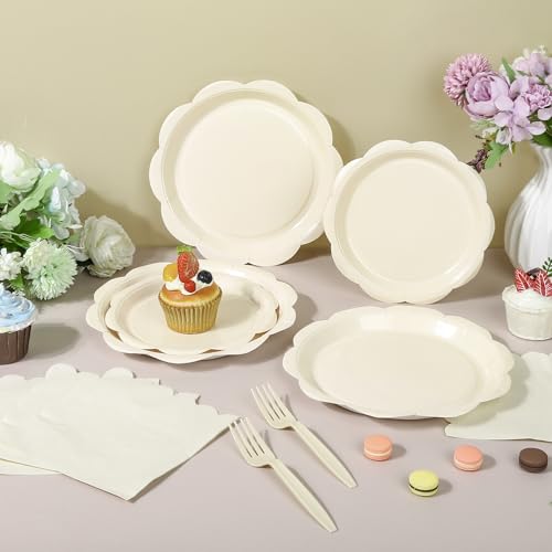 Ivory Paper Plates and Napkins Set for 50 Guests, Disposable Tableware with Utensils M509