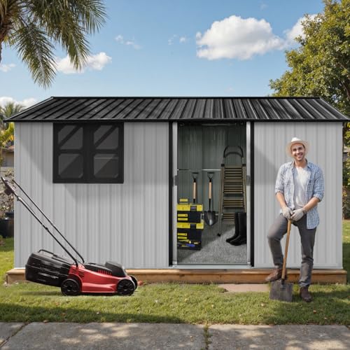 10 x 8 ft Outdoor Storage Shed, Metal Building with Windows and Lockable Doors, Grey Q206