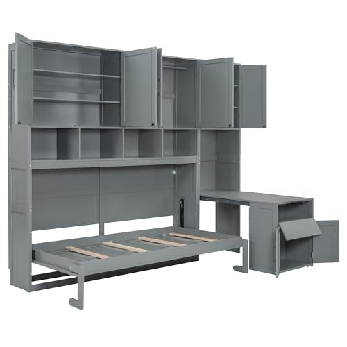 Wall Bed with Storage Cabinet and Desk, Folding Frame for Guestroom, Grey K678830