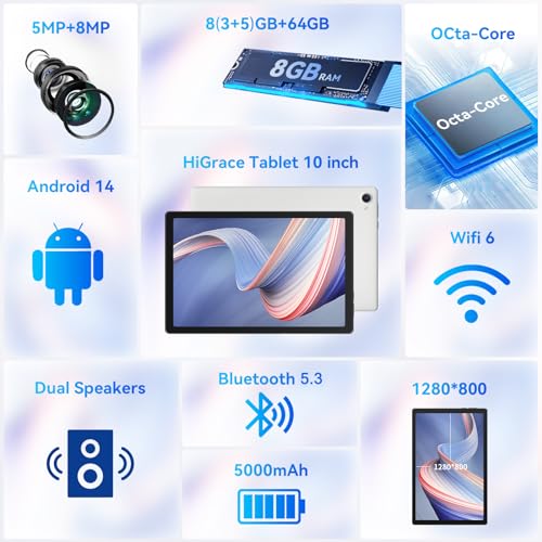 10.1 inch Android 14 Tablet with 64GB Storage, Octa-Core Processor H970