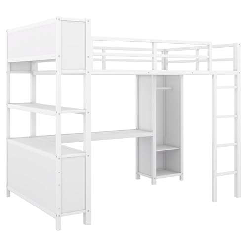 Metal Loft Bed with Wardrobe and L-Shaped Desk, Full Size with Storage Cubes and Shelves J450846