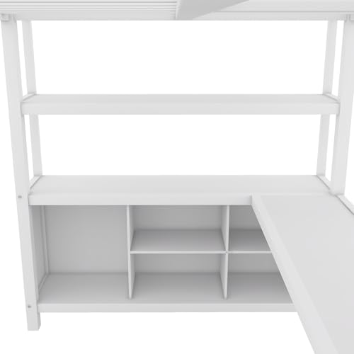 Metal Loft Bed with Wardrobe and L-Shaped Desk, Full Size with Storage Cubes and Shelves J450846