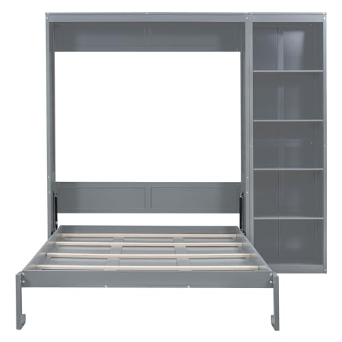 Queen Murphy Bed with Storage Bookcase Shelves, Wood Folding Grey Wall Bed Cabinet I26548
