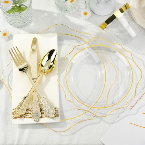 350 PCS Gold Plastic Plates with Cups, Silverware and Napkins for Party L8169