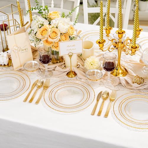 350PCS Clear Plastic Plates with Gold Trim for 50 Guests, Disposable Dinnerware Set O686017