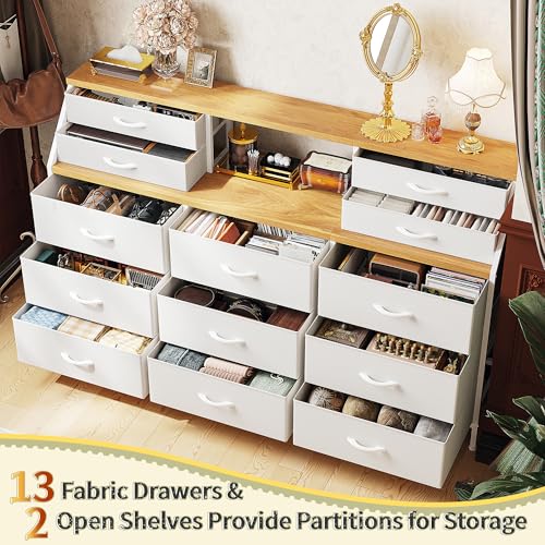 55" Dresser with 13 Fabric Drawers and 2 Open Shelves, Rustic Brown K688