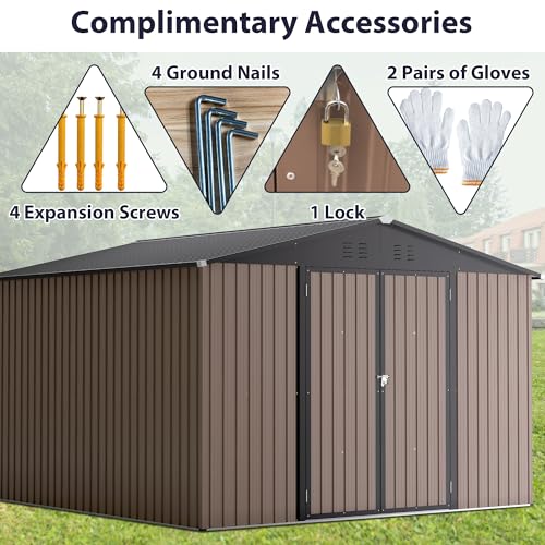 10x10 FT Outdoor Metal Storage Shed with Lockable Doors and Sloped Roof S888926