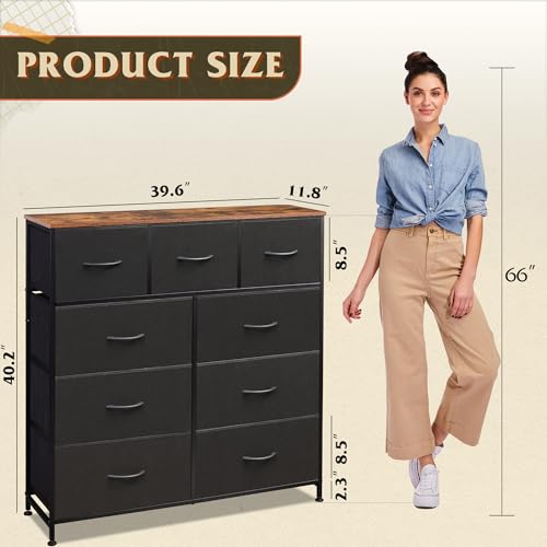 9-Drawer Fabric Storage Tower for Bedroom, Closet, Tall Chest Organizer with Steel Frame R839993