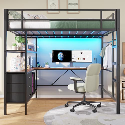 Loft Bed Full Size with L-Shaped Desk and Charging Station G796