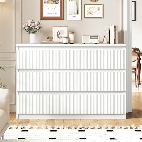 White 6 Drawer Dresser for Bedroom, Modern Fluted with Deep Drawers L14151