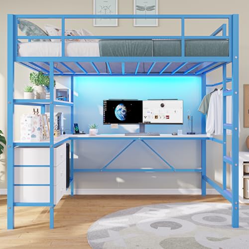 Loft Bed Full Size with L-Shaped Desk and Charging Station G796