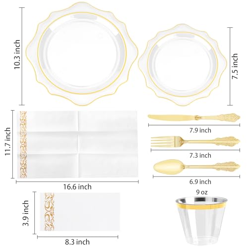 350 PCS Gold Plastic Plates with Cups, Silverware and Napkins for Party L8169