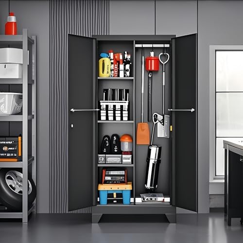 Metal Storage Cabinet with Lock and Hanging Rods for Brooms and Mops T350776