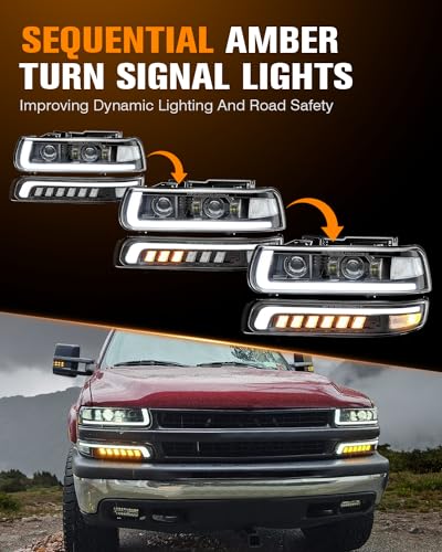 LED Headlights Assembly with Sequential Turn Signal for 1999-2006 Chevy Silverado Suburban Tahoe H92291
