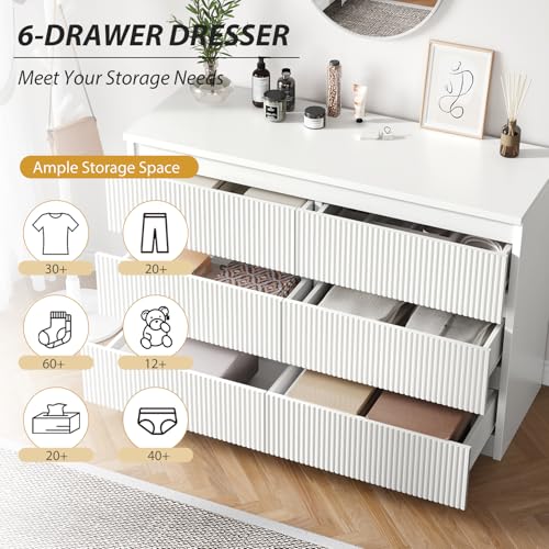 White 6 Drawer Dresser for Bedroom, Modern Fluted with Deep Drawers L14151