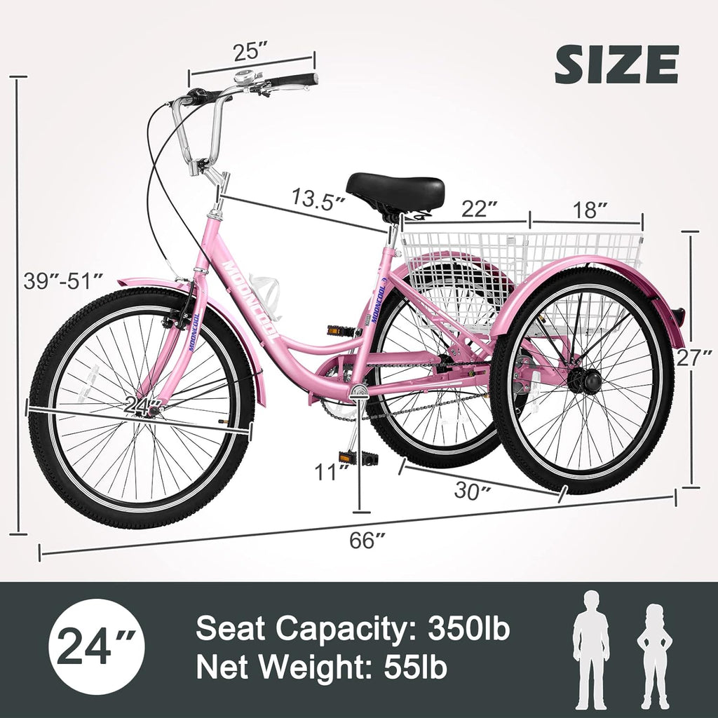 Adult Tricycle 24 Inch, Single Speed 3 Wheel Bike with Shopping Basket D5158