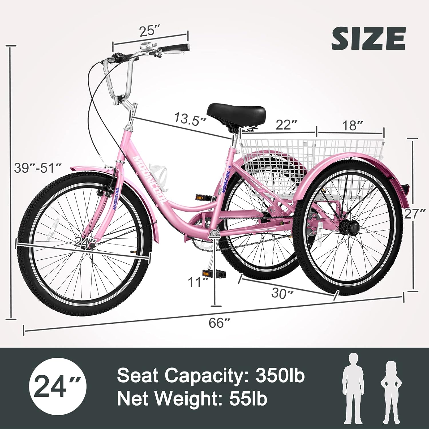 Adult Tricycle 24 Inch, Single Speed 3 Wheel Bike with Shopping Basket D5158
