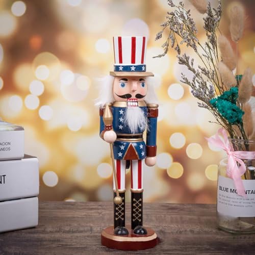 Patriotic Nutcracker Figurines Wooden Soldier Statue with Cane for Independence Day Decoration C859373
