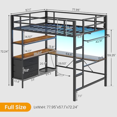 Loft Bed Full Size with L-Shaped Desk and Charging Station G796