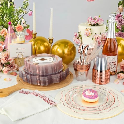 350 PCS Gold Plastic Plates with Cups, Silverware and Napkins for Party L8169