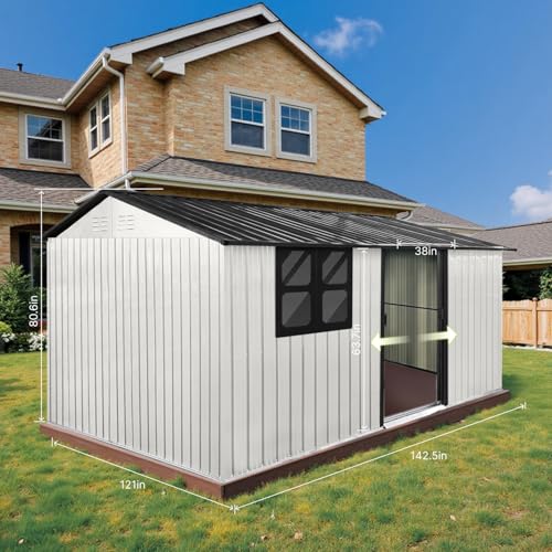 10 x 8 ft Outdoor Storage Shed, Metal Building with Windows and Lockable Doors, Grey Q206
