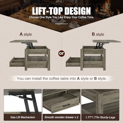 Lift Top Coffee Table with Drawers and Hidden Compartment, Wooden Retro Design for Living Room N4328