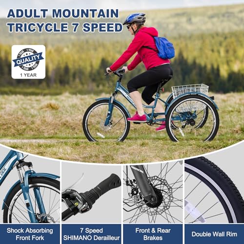 Adult Mountain Tricycle, 7 Speed, 24-27.5 Inch Wheels with Basket J3388