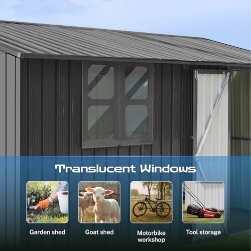 10 x 8 ft Outdoor Storage Shed, Metal Building with Windows and Lockable Doors, Grey Q206