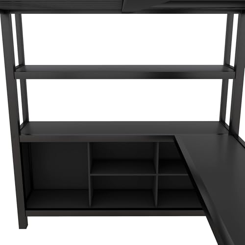 Metal Loft Bed with Wardrobe and L-Shaped Desk, Full Size with Storage Cubes and Shelves J450846