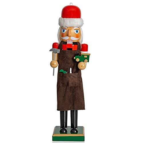 Ornativity Christmas Toy Maker Nutcracker - Red and Green Wooden Nutcracker Man with Brown Workers Apron and Toy Car and Toy Hammer in Hand Xmas Themed Holiday Nut Cracker Doll Figure Decorations 15"