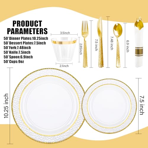 350PCS Clear Plastic Plates with Gold Trim for 50 Guests, Disposable Dinnerware Set O686017