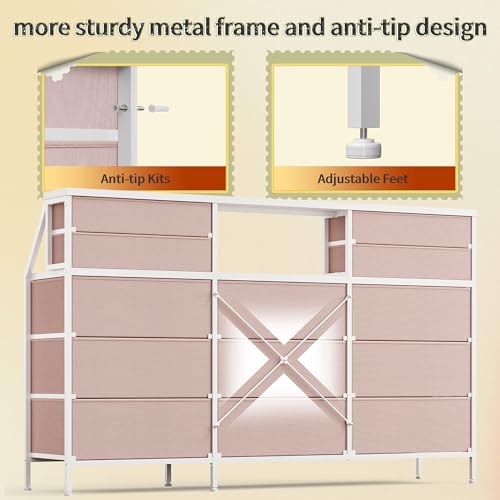 55" Dresser with 13 Fabric Drawers and 2 Open Shelves, Rustic Brown K688