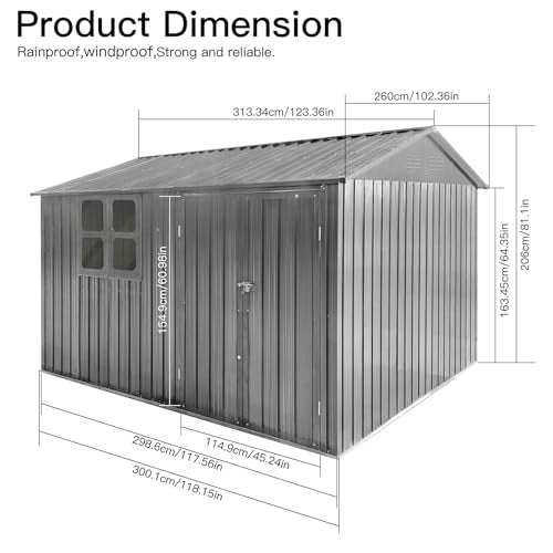 10 x 8 ft Outdoor Storage Shed, Metal Building with Windows and Lockable Doors, Grey Q206