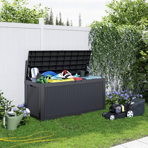 100 Gallon Resin Deck Box, Lockable Patio Outdoor Storage, Waterproof - Black F75230