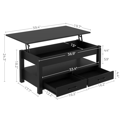 Lift Top Coffee Table with Drawers and Hidden Compartment, Wooden Retro Design for Living Room N4328