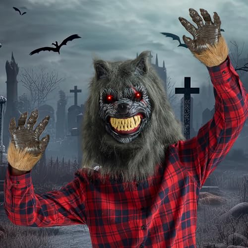 LED Halloween Wolf Werewolf Mask with Movable Jaw for Adult Cosplay Q650