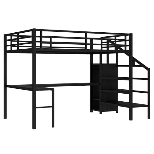 Queen Size Loft Bed with LED Lights, USB Ports and L Shaped Desk T2498