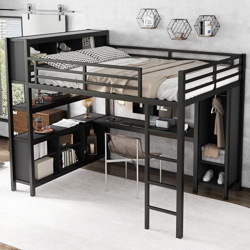 Full Loft Bed with Desk, Storage Shelves, and Wardrobe, Heavy-Duty Frame, Black K6320