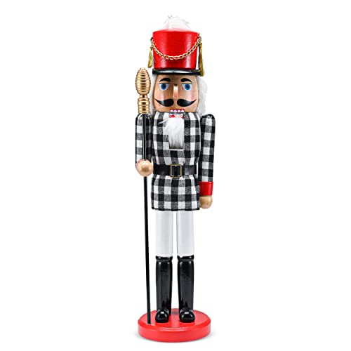 Ornativity Christmas Checkered Soldier Nutcracker – Black and White Wooden Nutcracker Toy Soldier Knight with a Staff in Hand Xmas Themed Holiday Nut Cracker Figure Decorations 15"