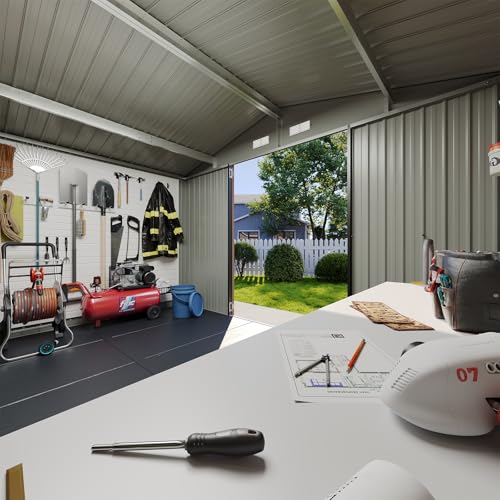 Galvanized Steel Storage Shed with Triple Doors, Weatherproof Outdoor Utility Shed P600721