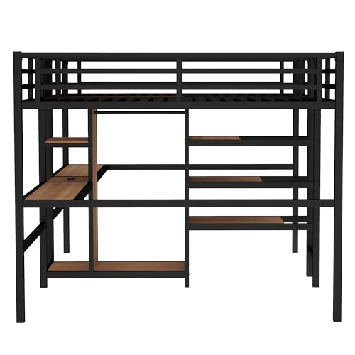 Metal Loft Bed with Wardrobe and L-Shaped Desk, Full Size with Storage Cubes and Shelves J450846