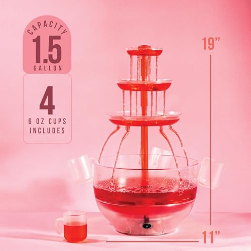 Drink Fountain for Parties - 1.5 Gal, 3 Tier Punch Bowl with LED Base, 4 Reusable Cups D308