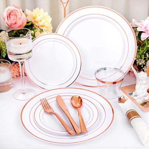 350PCS Clear Gold Plastic Dinnerware Set for 50 Guests, Disposable Plates, Cups & Silverware N692