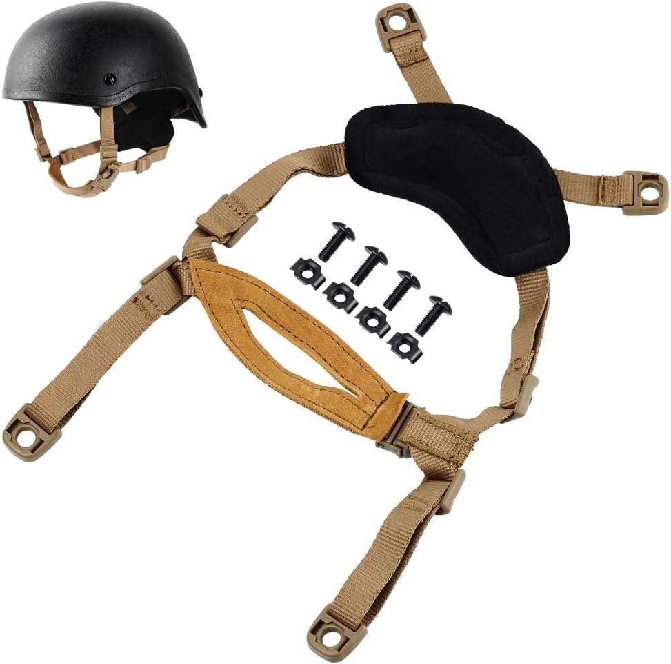 Helmet Chin Strap 4 Points for Tactical Fast/MICH/IBH Kevlar Bump Helmets, X-Nape Helmet Suspension System with Bolts and Screws Tan