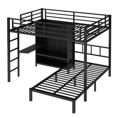 Metal Bunk Bed with Wardrobe Full XL Over Twin L-Shaped with Desk and Shelves R307