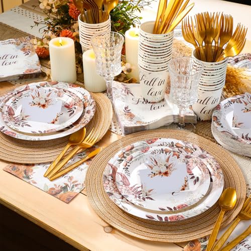 410 Pcs Terracotta Floral Paper Plates and Napkins Set for 50 Guests S1131